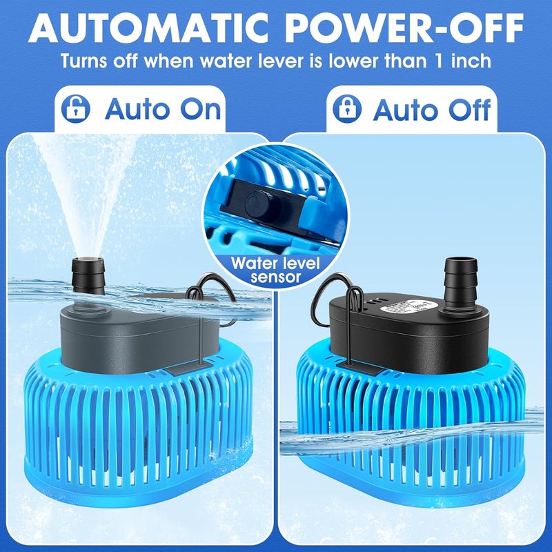FizZeal Pool Cover Pump Above Ground, Automatic Water Sensor, Sump Pump for Pool Draining, Pool Cover Water Removal 4 Adapters, 16ft Hose & 25ft Power Cord, 850 GPH (Blue) - Image 3